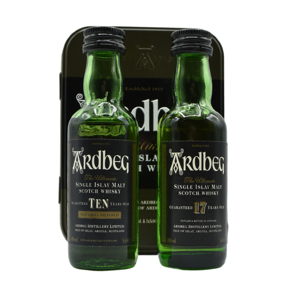 Ardbeg 10 Year Old & 17 Year Old Miniature 2x5cl Tin Ardbeg 10 Year Old & 17 Year Old Miniature 2x5cl Tin